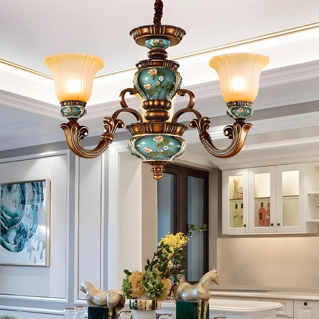 Classic Floral Copper Frosted Glass Ceramic Chandelier