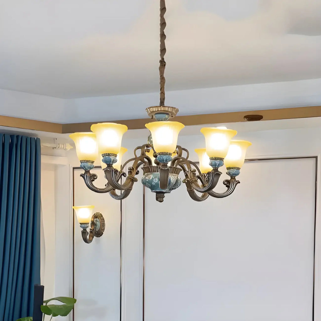 Classic Floral Copper Frosted Glass Ceramic Chandelier