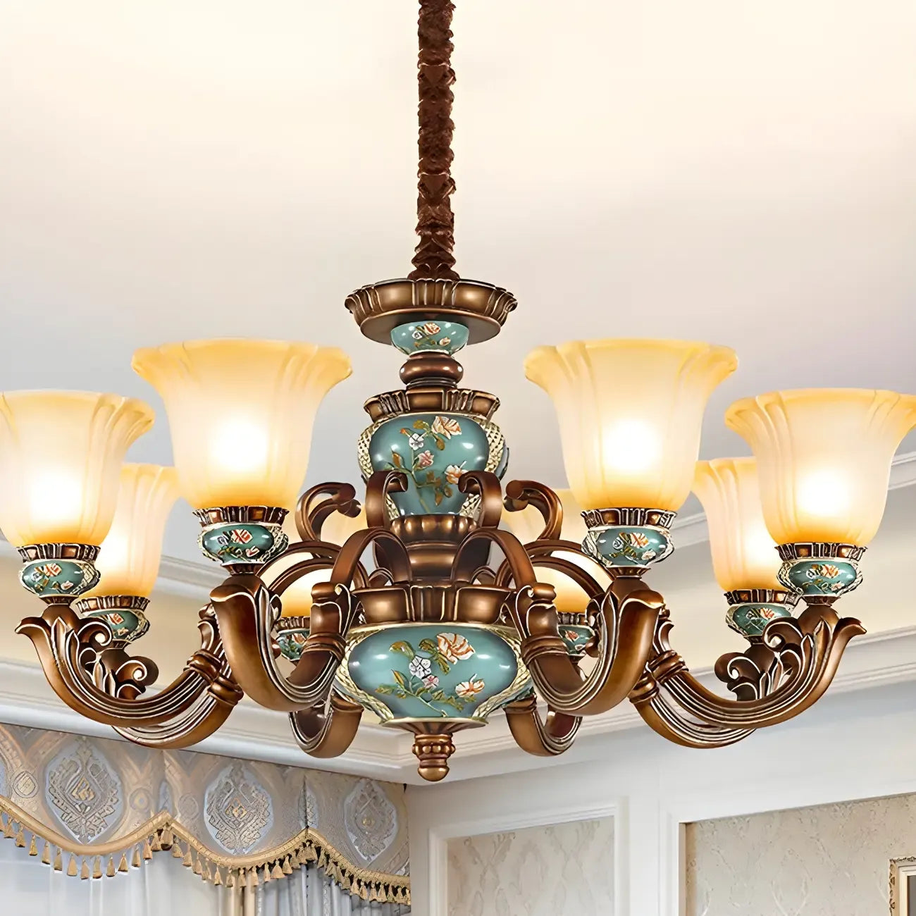 Classic Floral Copper Frosted Glass Ceramic Chandelier