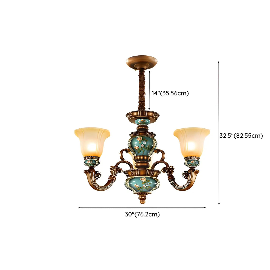 Classic Floral Copper Frosted Glass Ceramic Chandelier