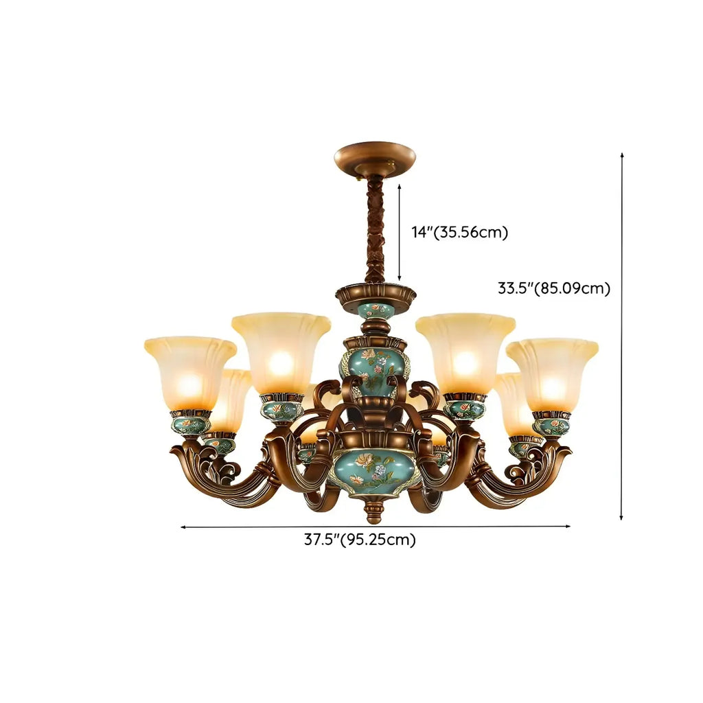 Classic Floral Copper Frosted Glass Ceramic Chandelier