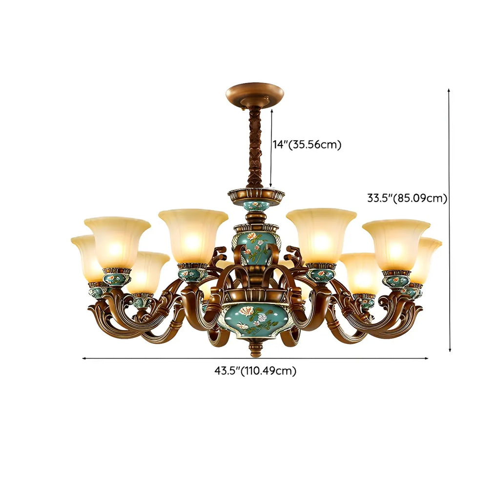 Classic Floral Copper Frosted Glass Ceramic Chandelier
