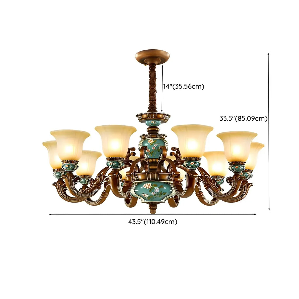 Classic Floral Copper Frosted Glass Ceramic Chandelier