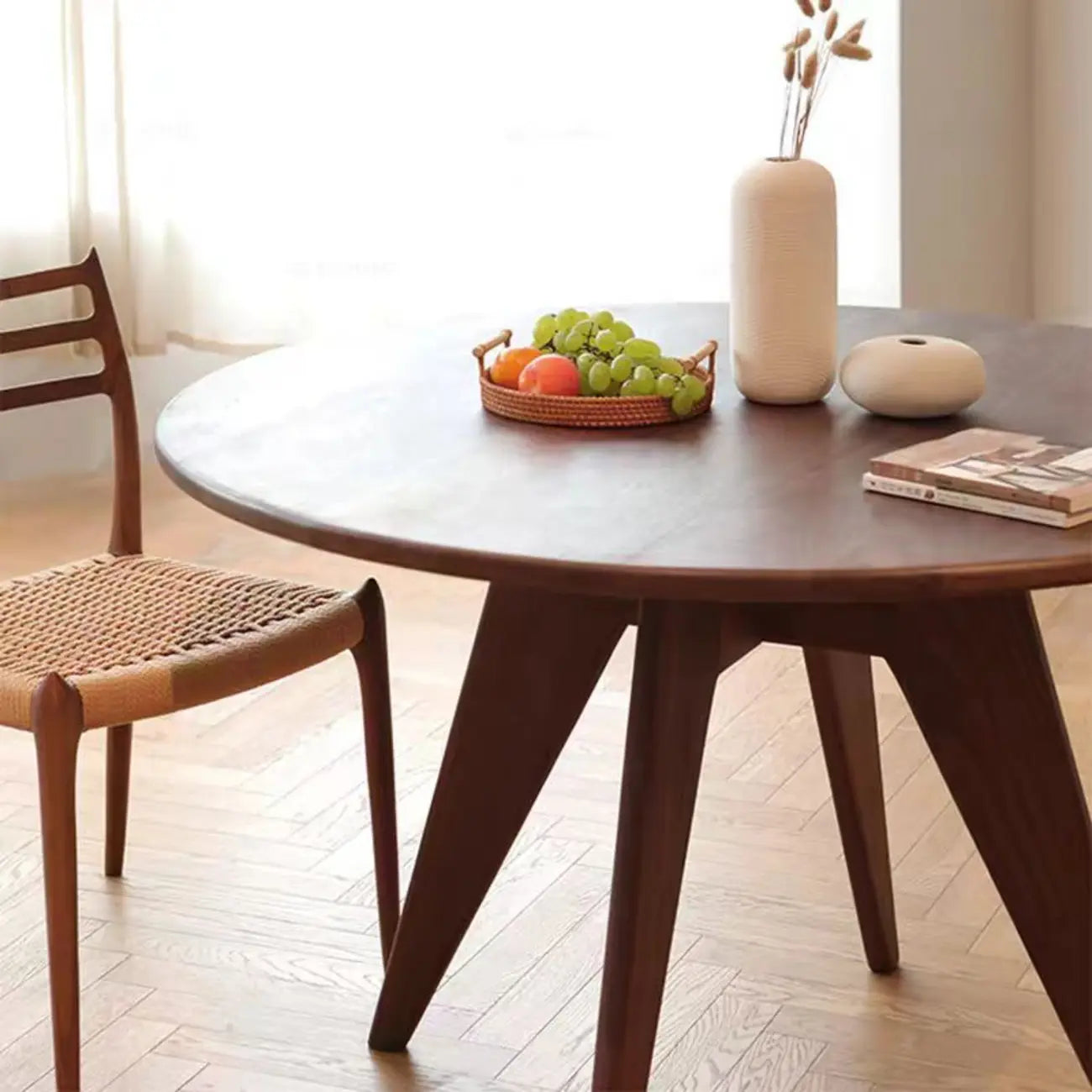 Scandinavian Brown Ash Wood Round Dining Table