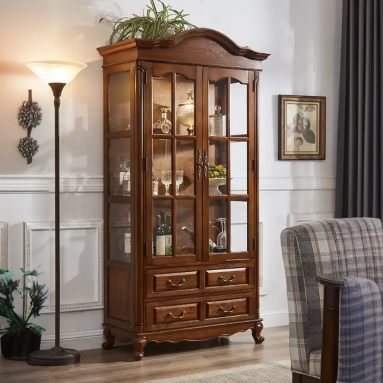 Antique Nut-Brown Wooden Glass Display Storage Cabinet