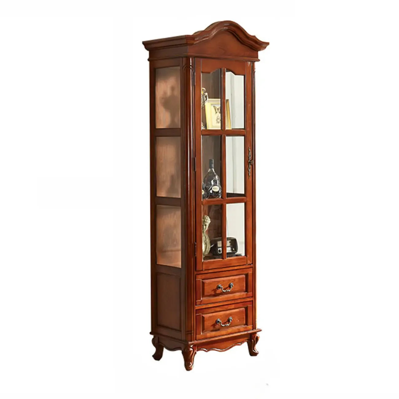 Antique Nut-Brown Wooden Glass Display Storage Cabinet