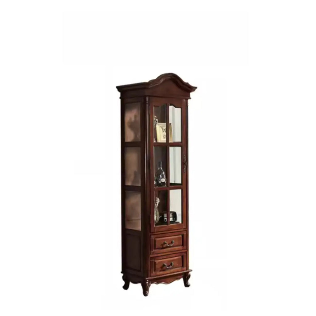 Antique Nut-Brown Wooden Glass Display Storage Cabinet