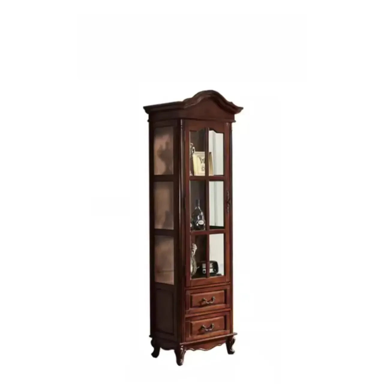 Antique Nut-Brown Wooden Glass Display Storage Cabinet