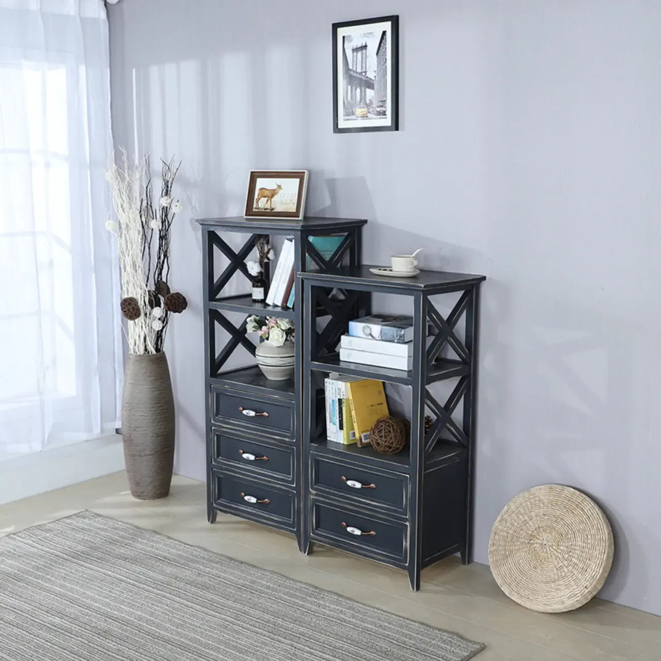 Antique Chic Open Back Black Wood Storage Bookcase