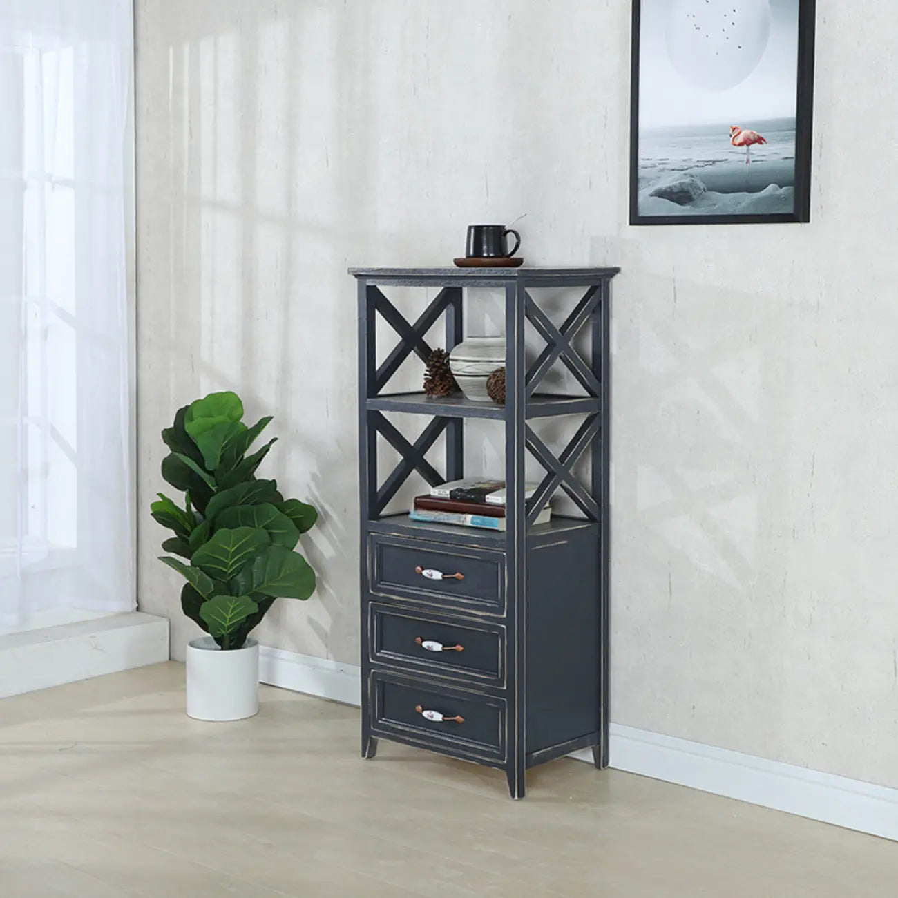 Antique Chic Open Back Black Wood Storage Bookcase