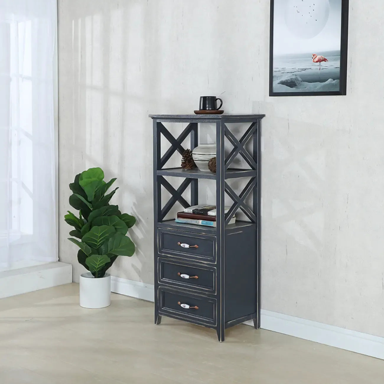 Antique Chic Open Back Black Wood Storage Bookcase