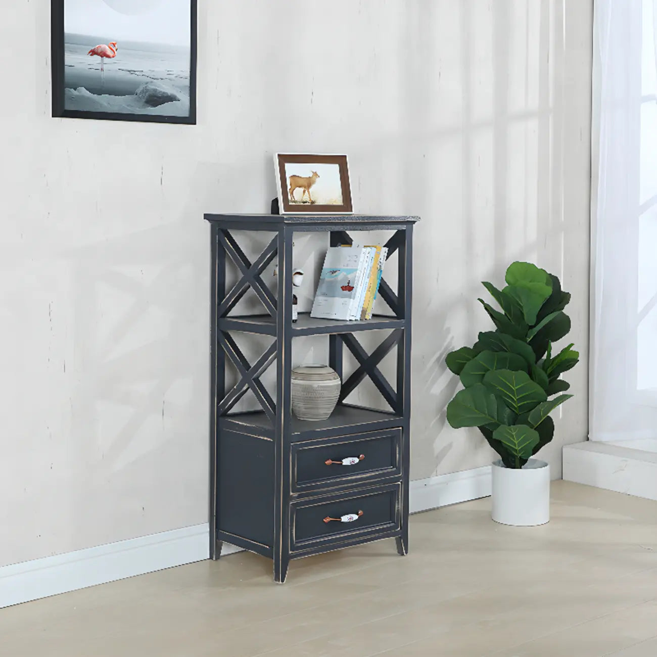 Antique Chic Open Back Black Wood Storage Bookcase
