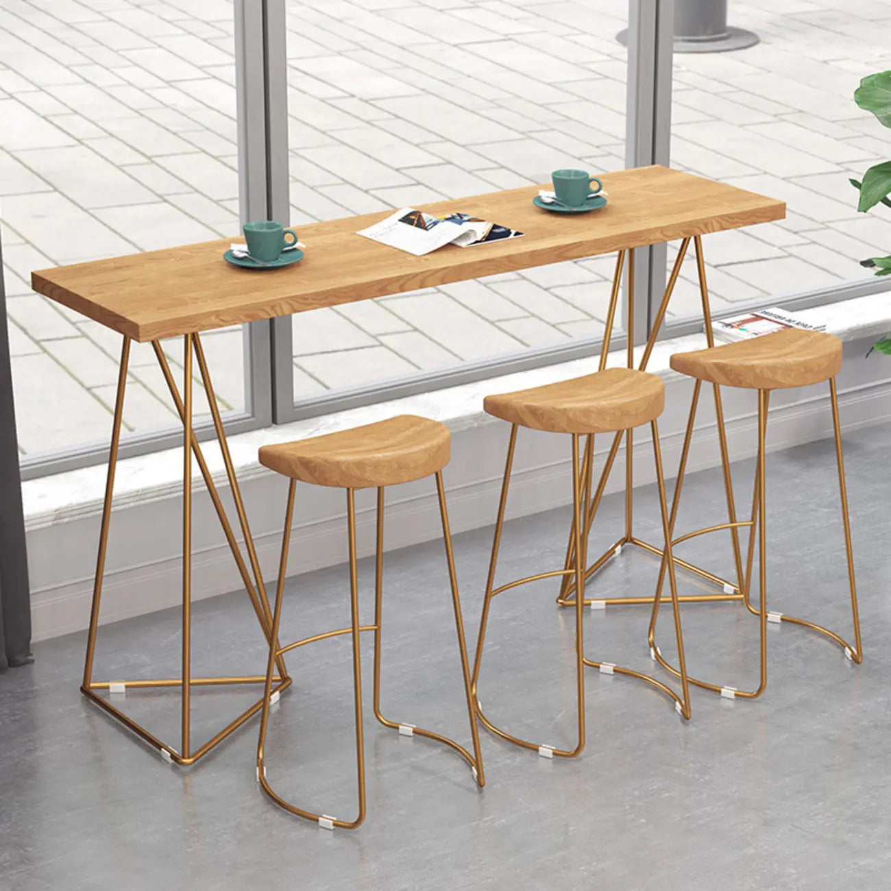 Glam Natural Finish Wooden Fixed Top Bar Tables