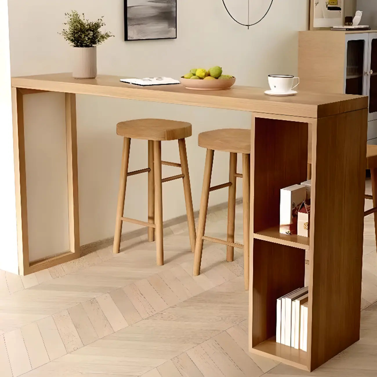 Scandinavian Brown Pine Fixed Storage Bar Tables