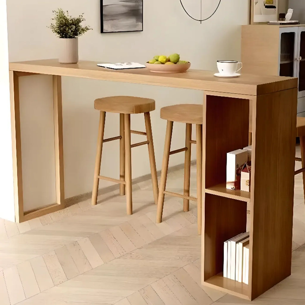 Scandinavian Brown Pine Fixed Storage Bar Tables