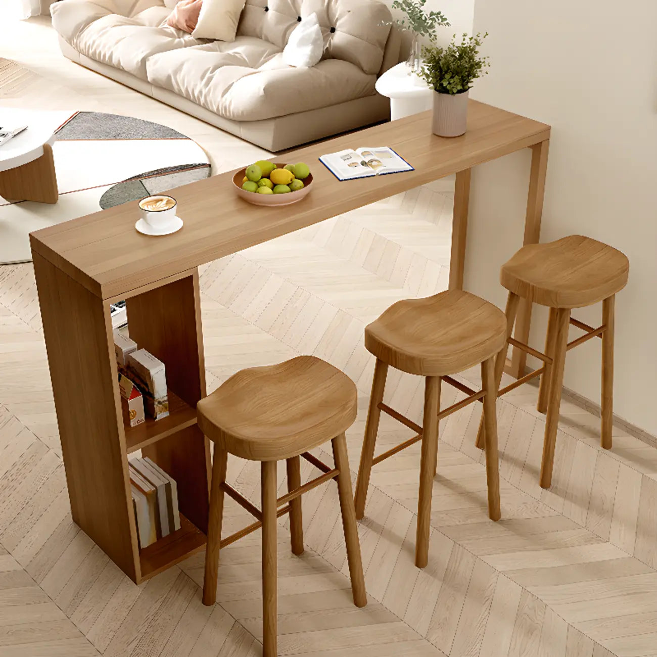 Scandinavian Brown Pine Fixed Storage Bar Tables