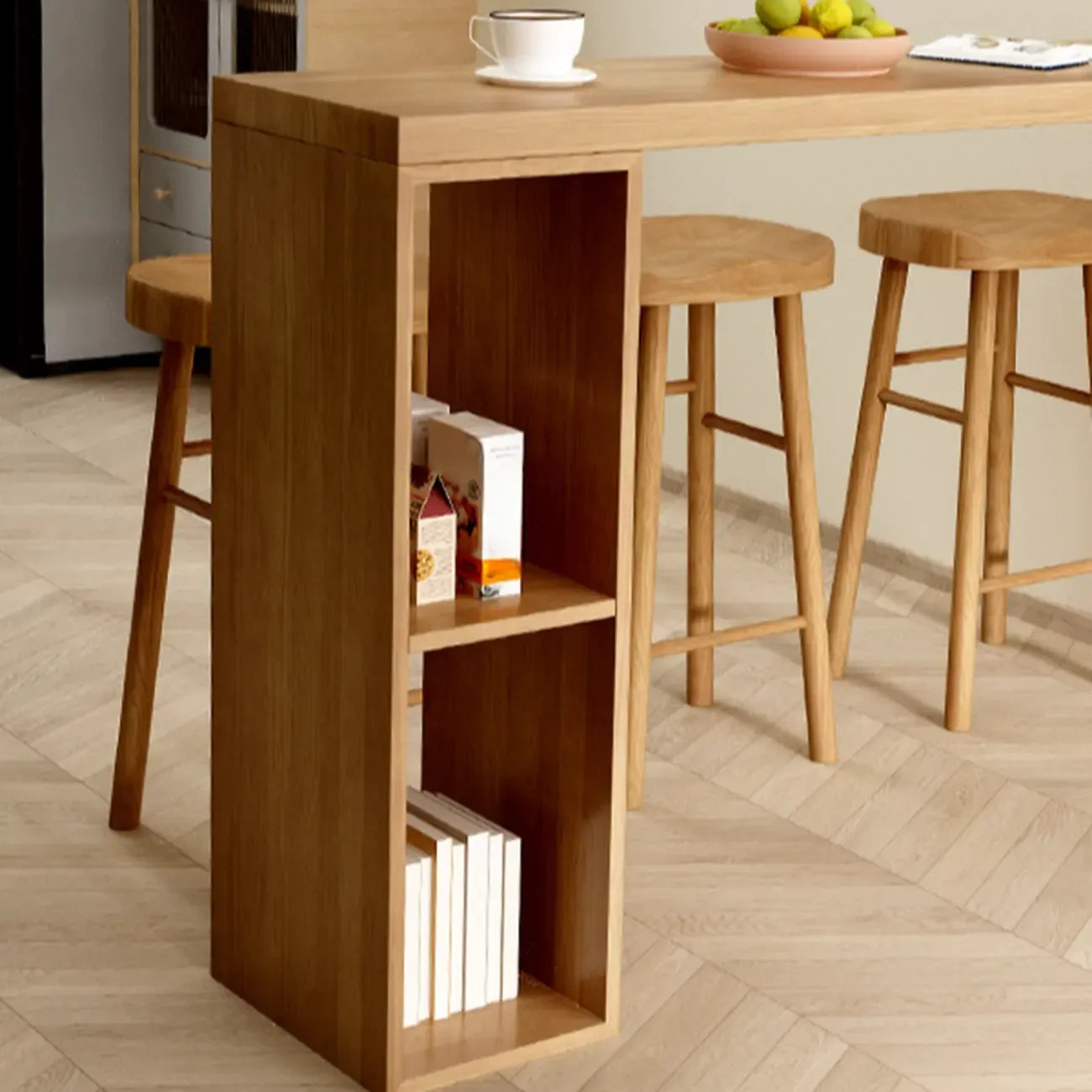 Scandinavian Brown Pine Fixed Storage Bar Tables