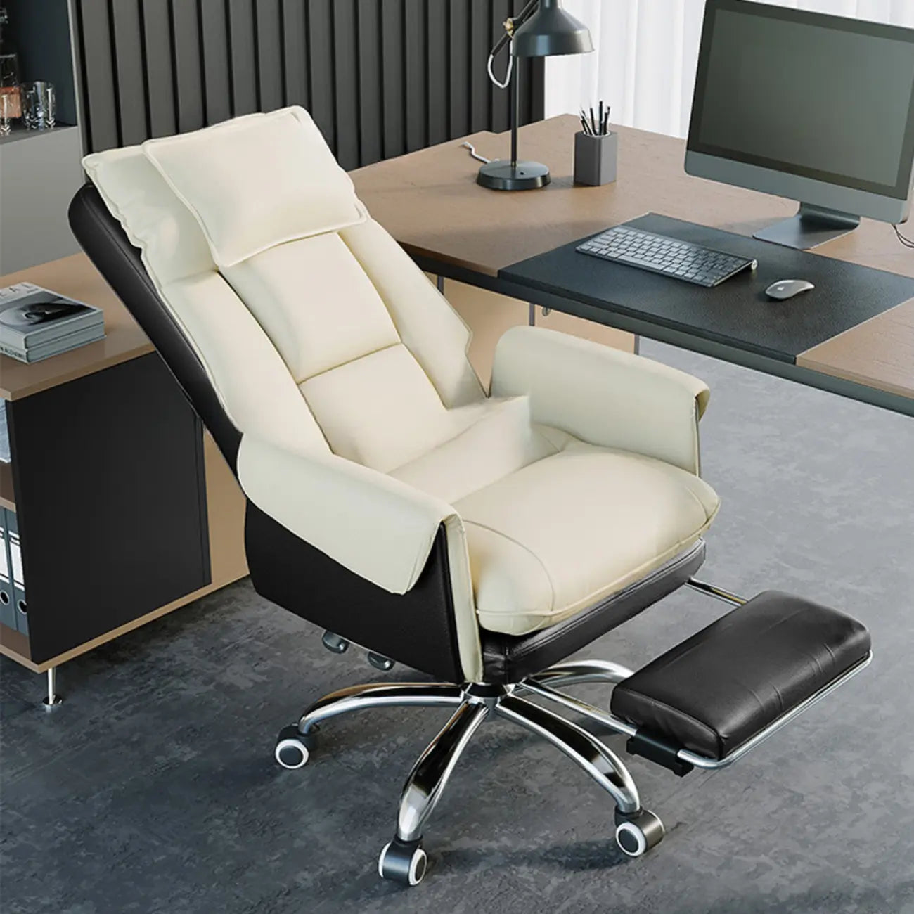 Ergonomic White-Orange Faux Fur Recliner Adjustable Office Chair