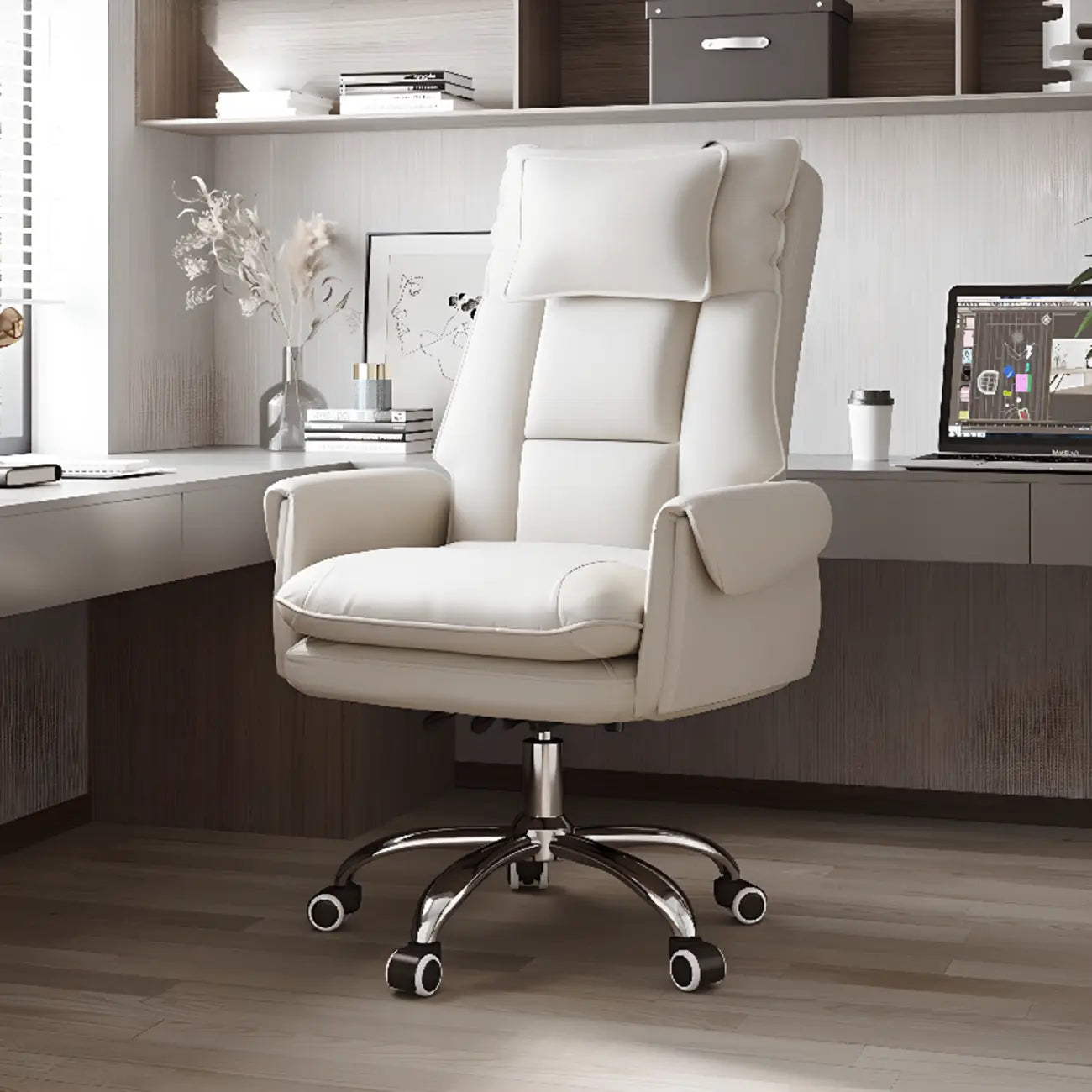 Ergonomic White-Orange Faux Fur Recliner Adjustable Office Chair