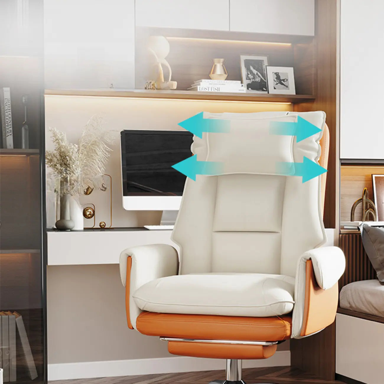 Ergonomic White-Orange Faux Fur Recliner Adjustable Office Chair