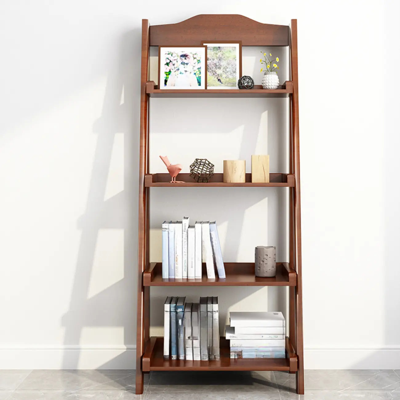 4-Tier Narrow Walnut Wood Ladder Bookcase for Bedroom