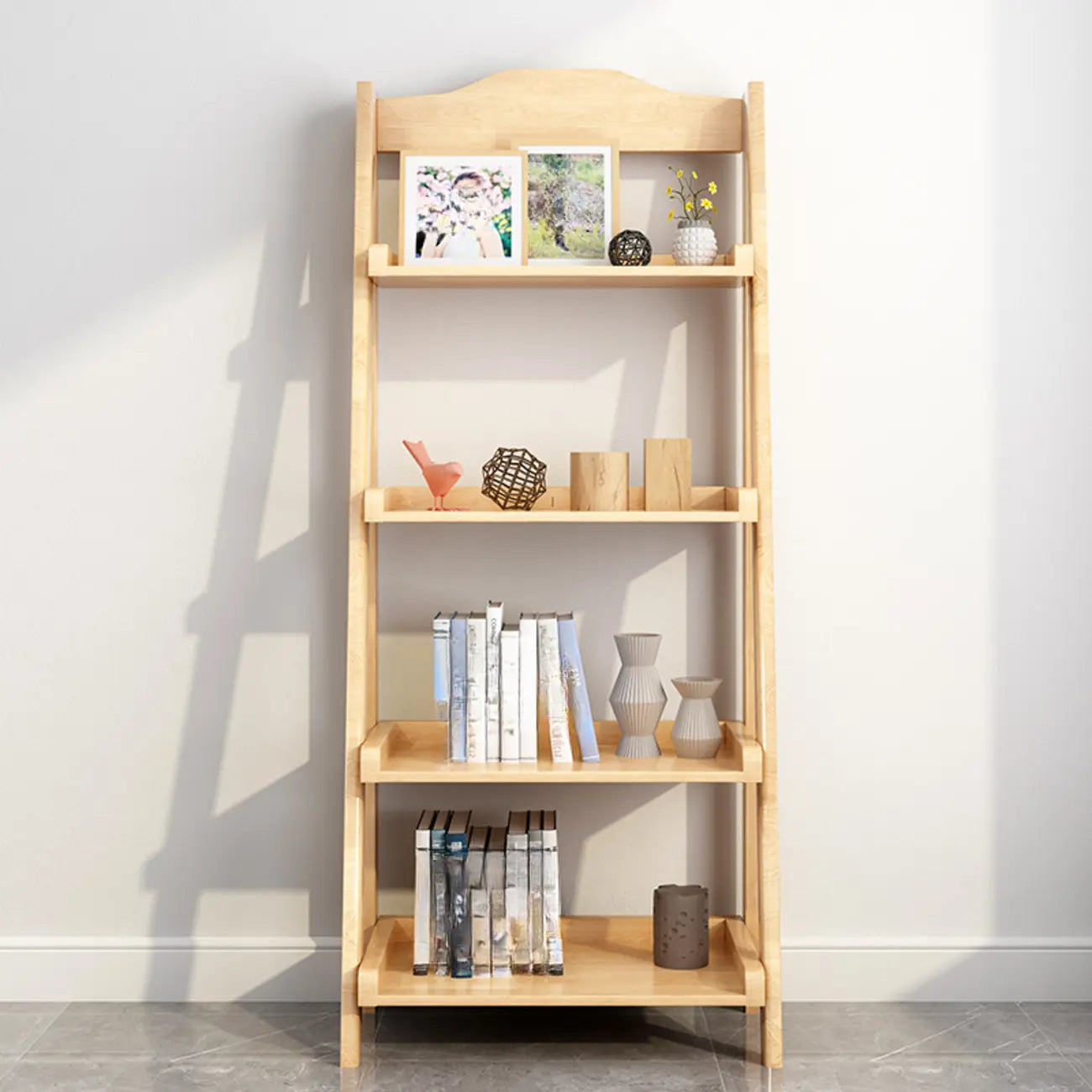 4-Tier Narrow Walnut Wood Ladder Bookcase for Bedroom