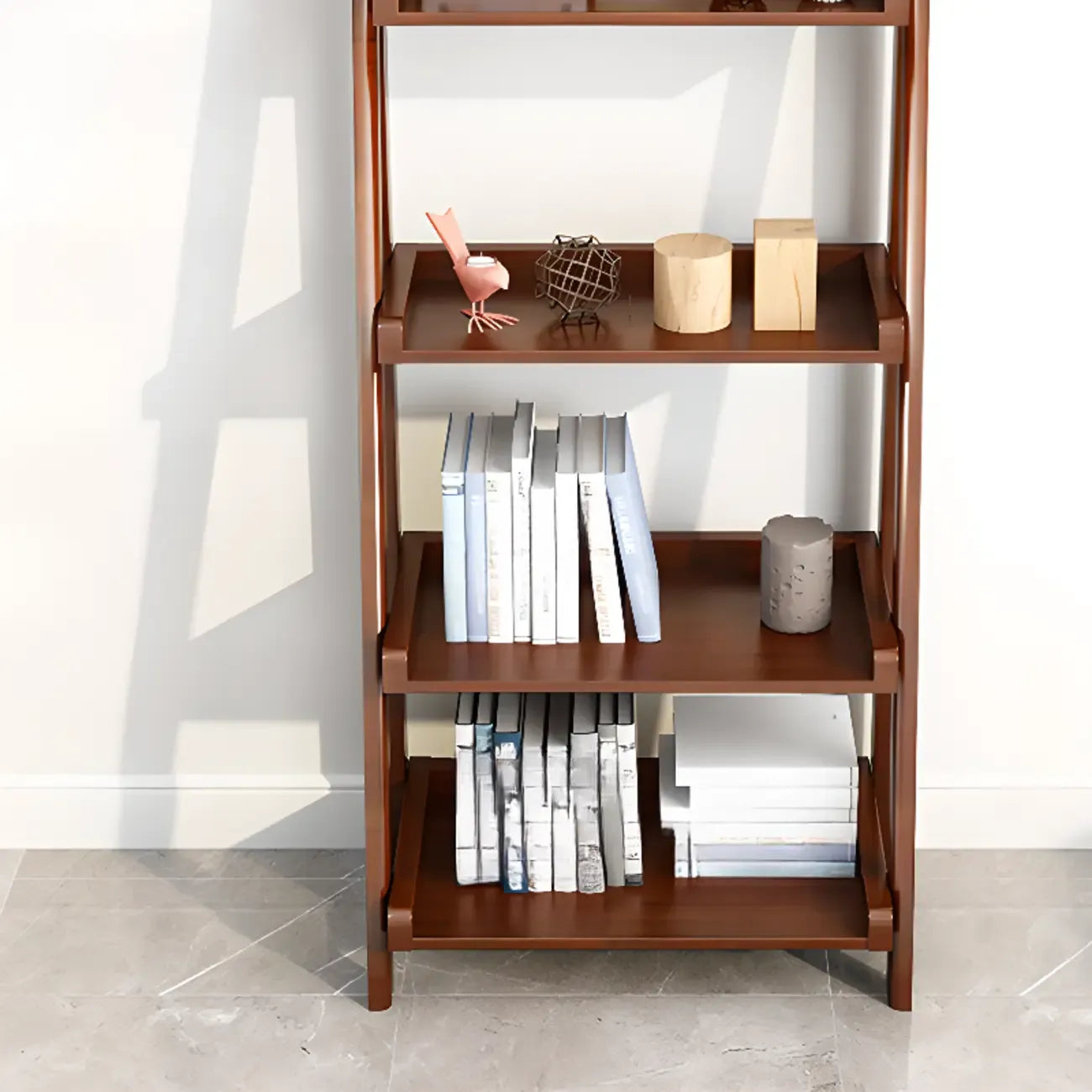 4-Tier Narrow Walnut Wood Ladder Bookcase for Bedroom