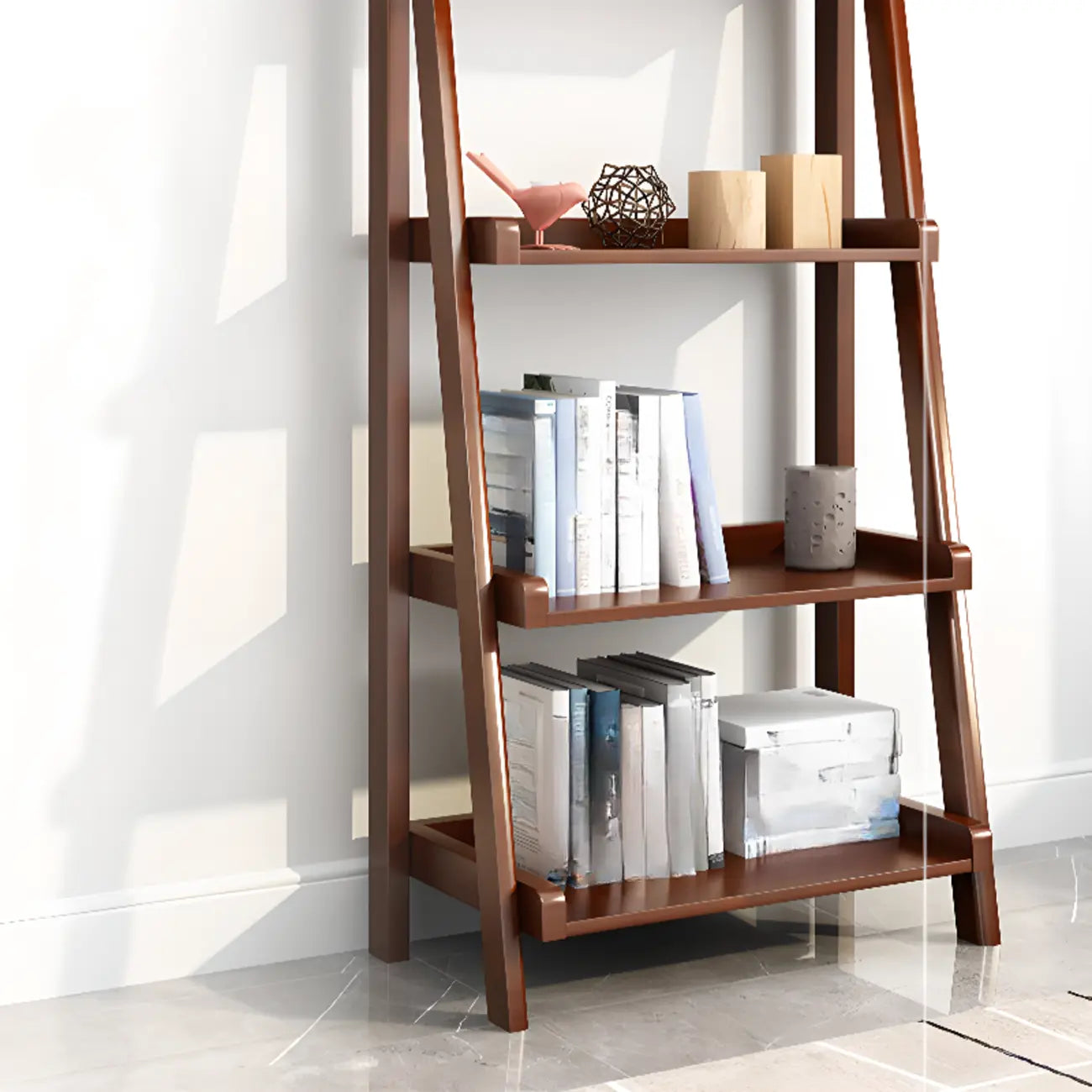4-Tier Narrow Walnut Wood Ladder Bookcase for Bedroom