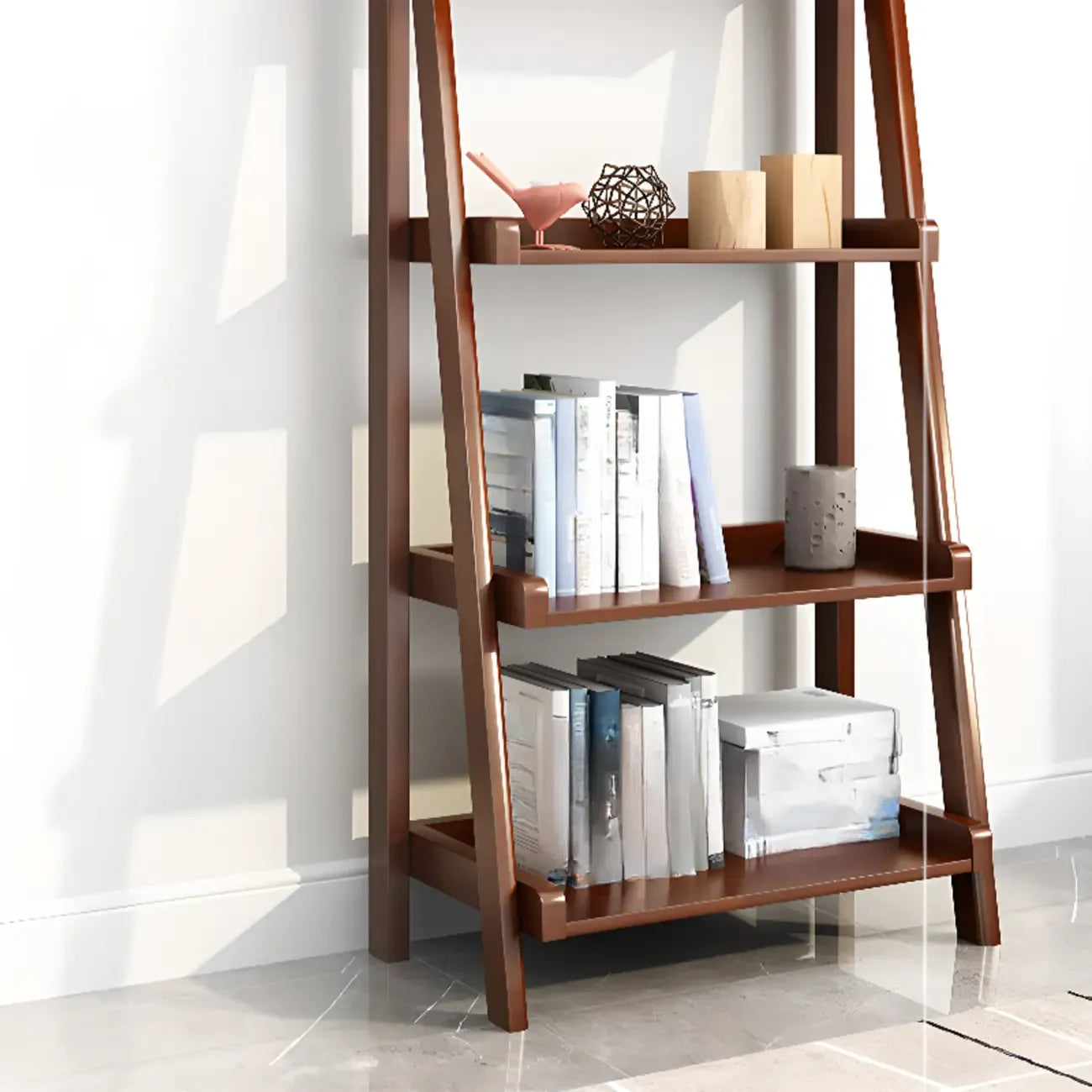 4-Tier Narrow Walnut Wood Ladder Bookcase for Bedroom