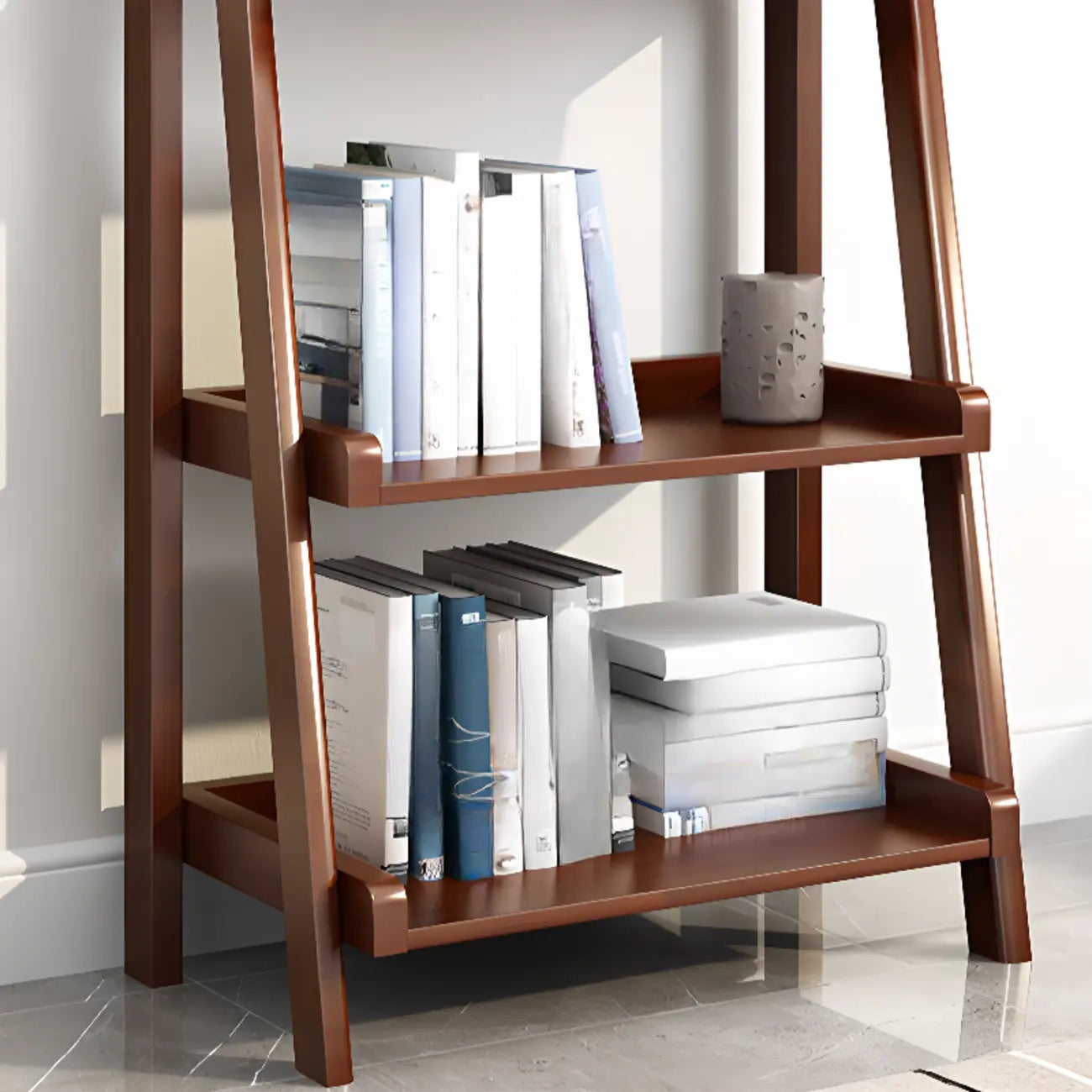 4-Tier Narrow Walnut Wood Ladder Bookcase for Bedroom