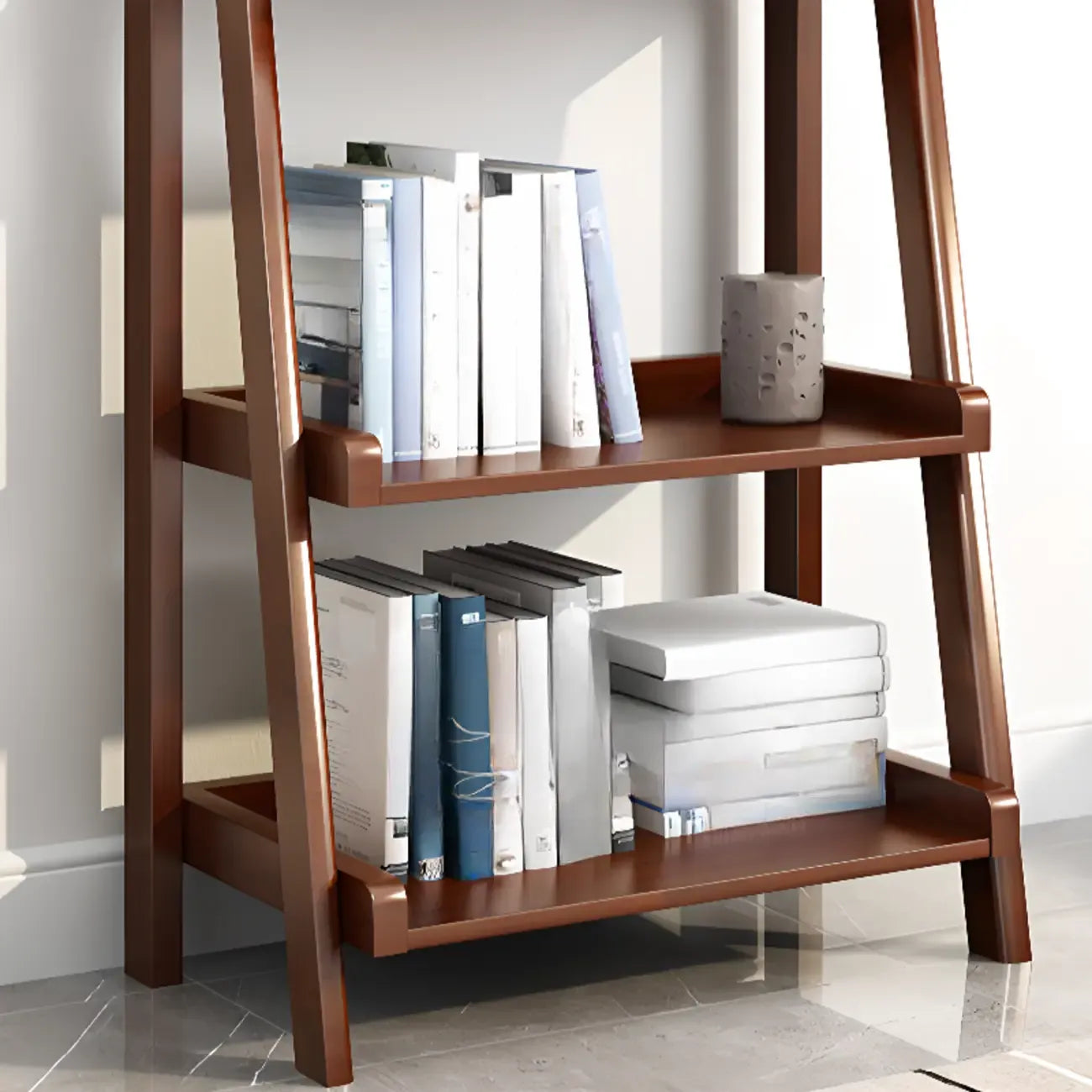 4-Tier Narrow Walnut Wood Ladder Bookcase for Bedroom