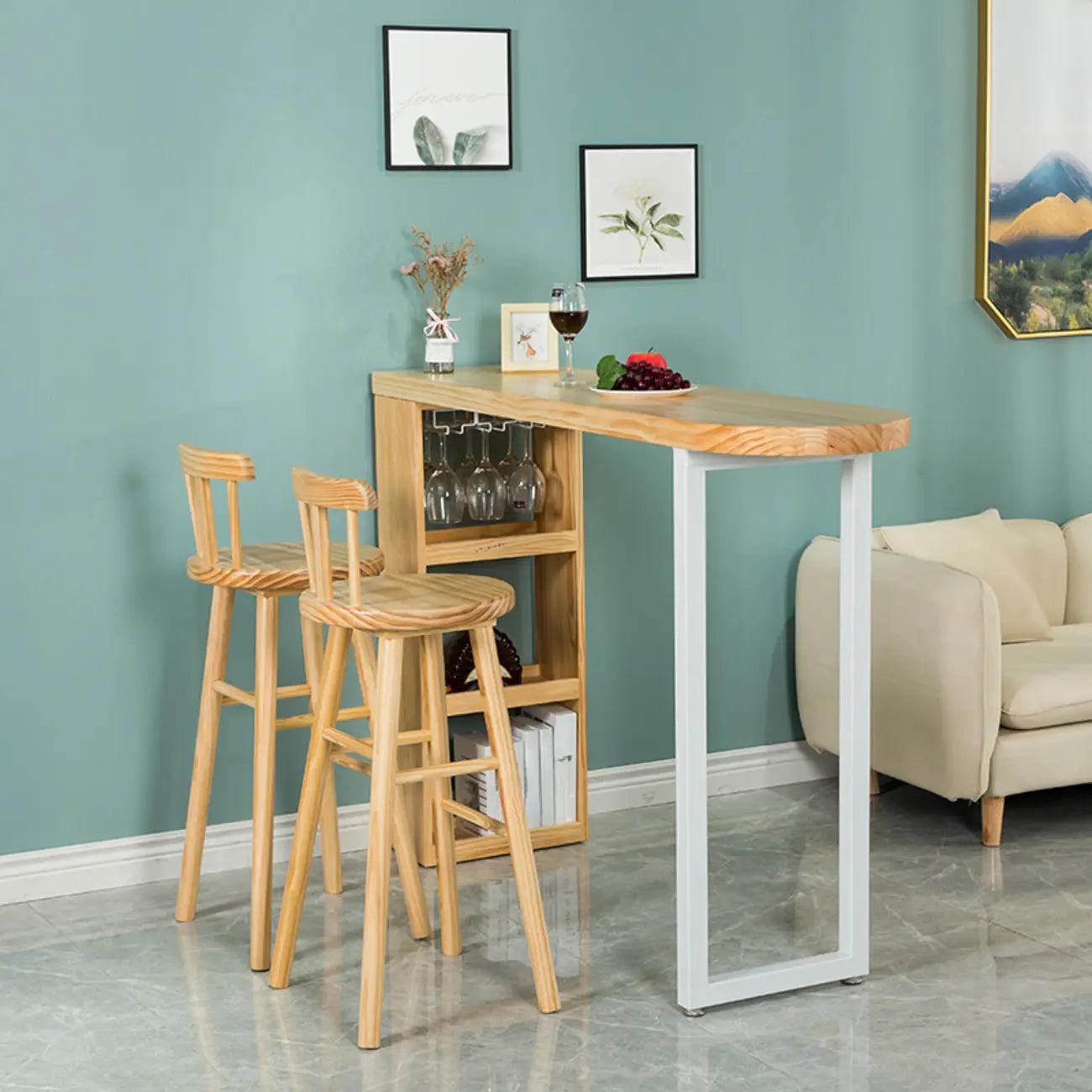 Modern Asymmetrical Wooden Bar Table with Storage and Seating
