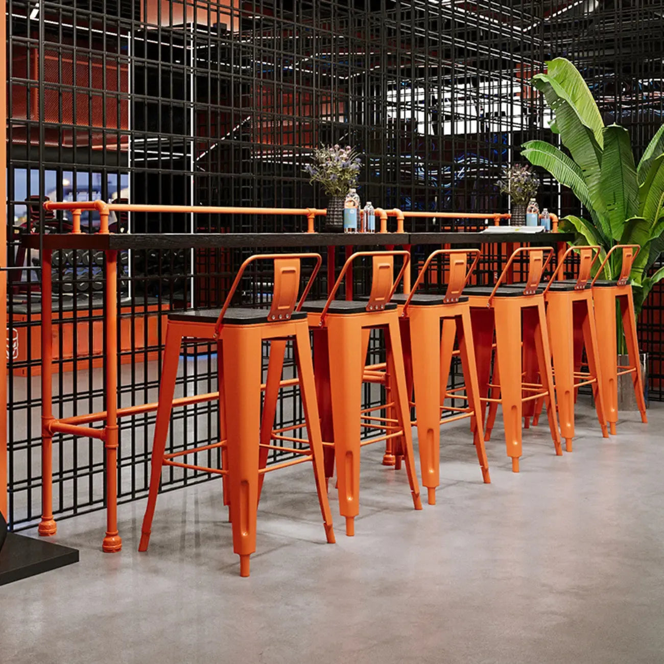 Industrial Black Hardwood Top Bar Tables with Orange Frame