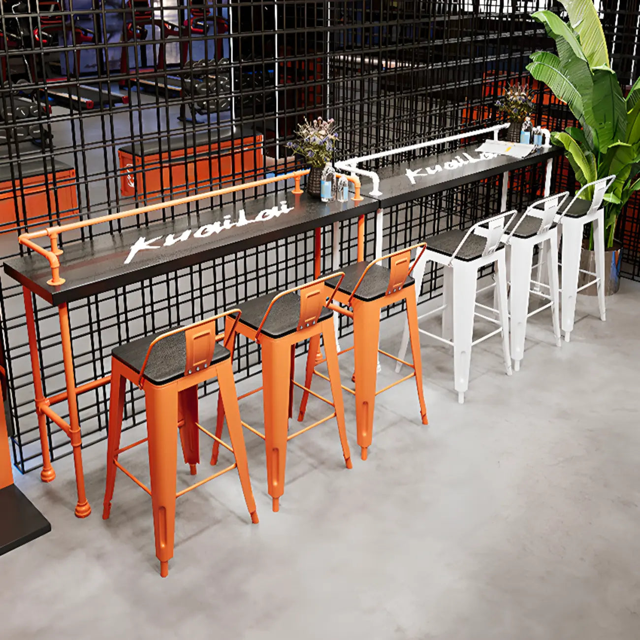Industrial Black Hardwood Top Bar Tables with Orange Frame