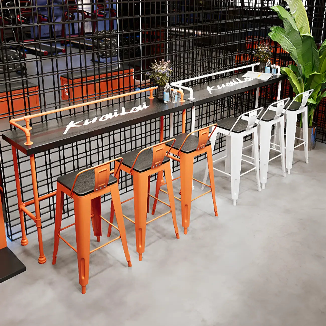 Industrial Black Hardwood Top Bar Tables with Orange Frame