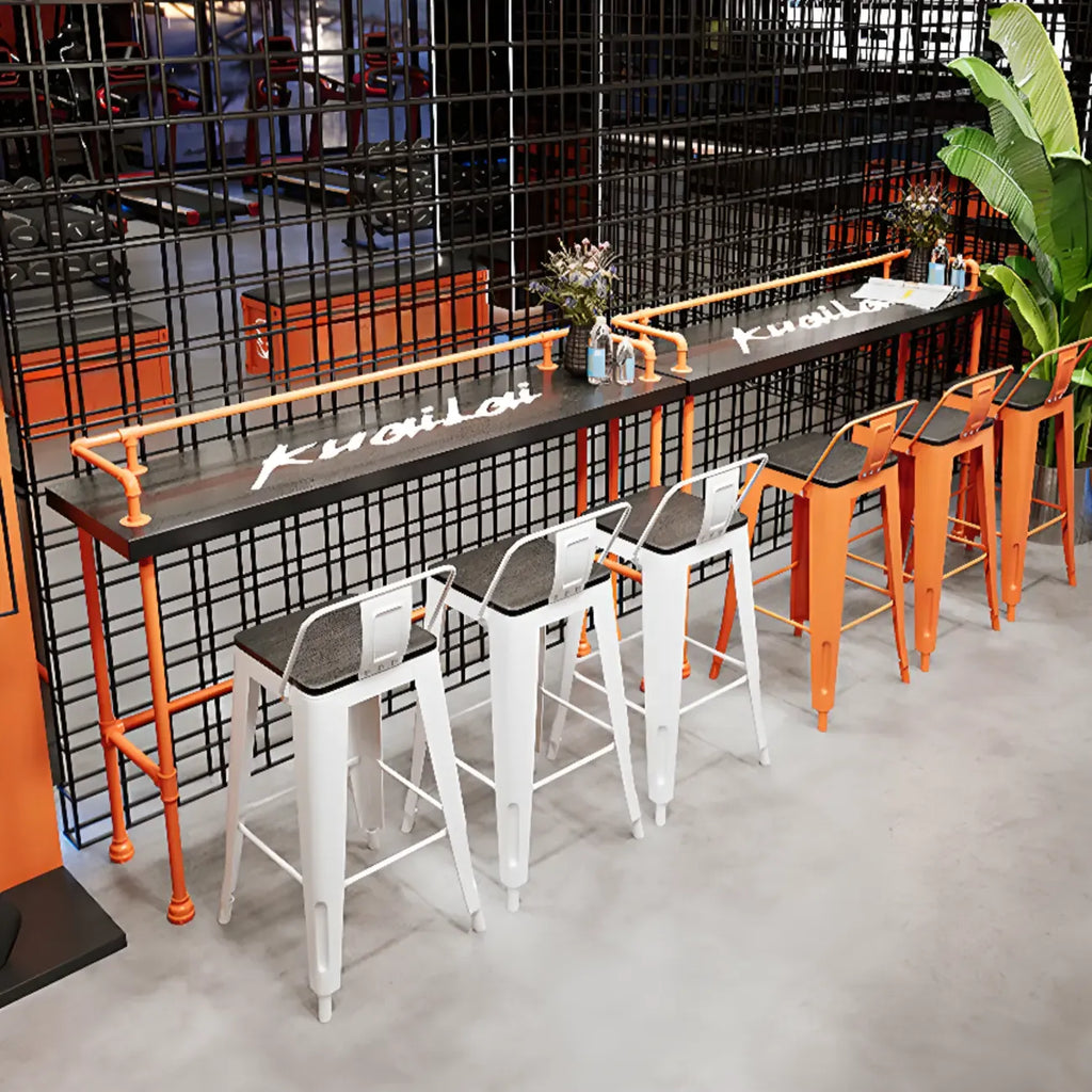 Industrial Black Hardwood Top Bar Tables with Orange Frame