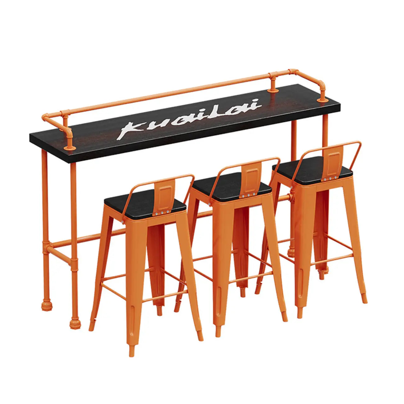 Industrial Black Hardwood Top Bar Tables with Orange Frame