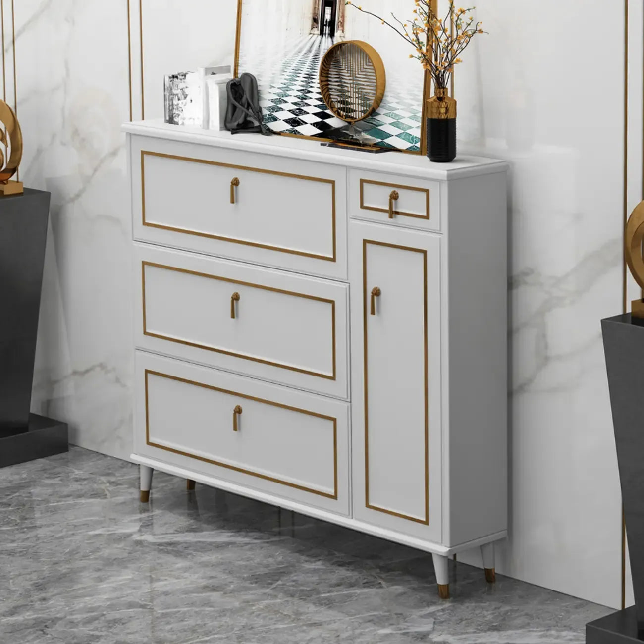 Grey Wooden Drop Front Shoe Cabinet with Adjustable Shelves