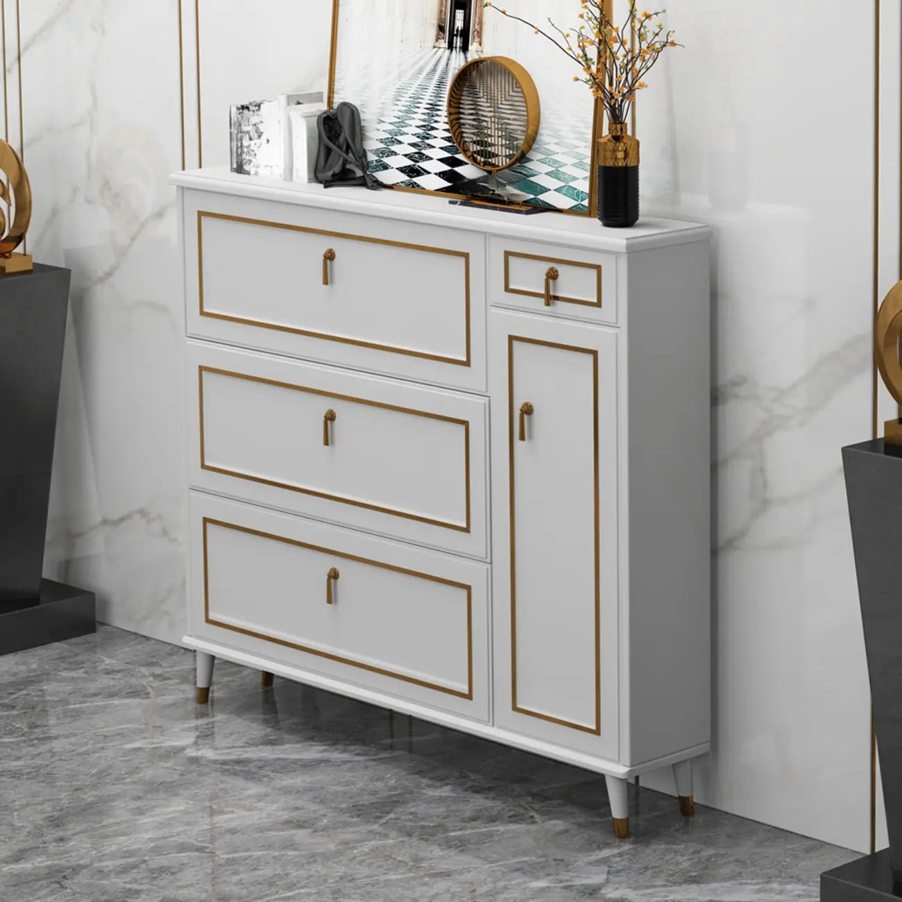 Grey Wooden Drop Front Shoe Cabinet with Adjustable Shelves