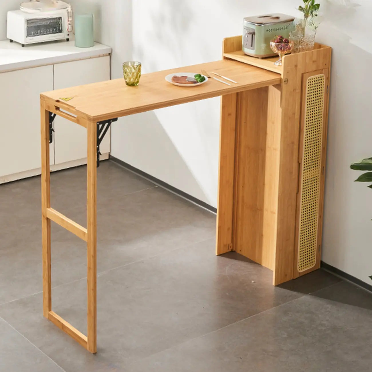 Manual Extension Brown Bamboo Storage Bar Tables