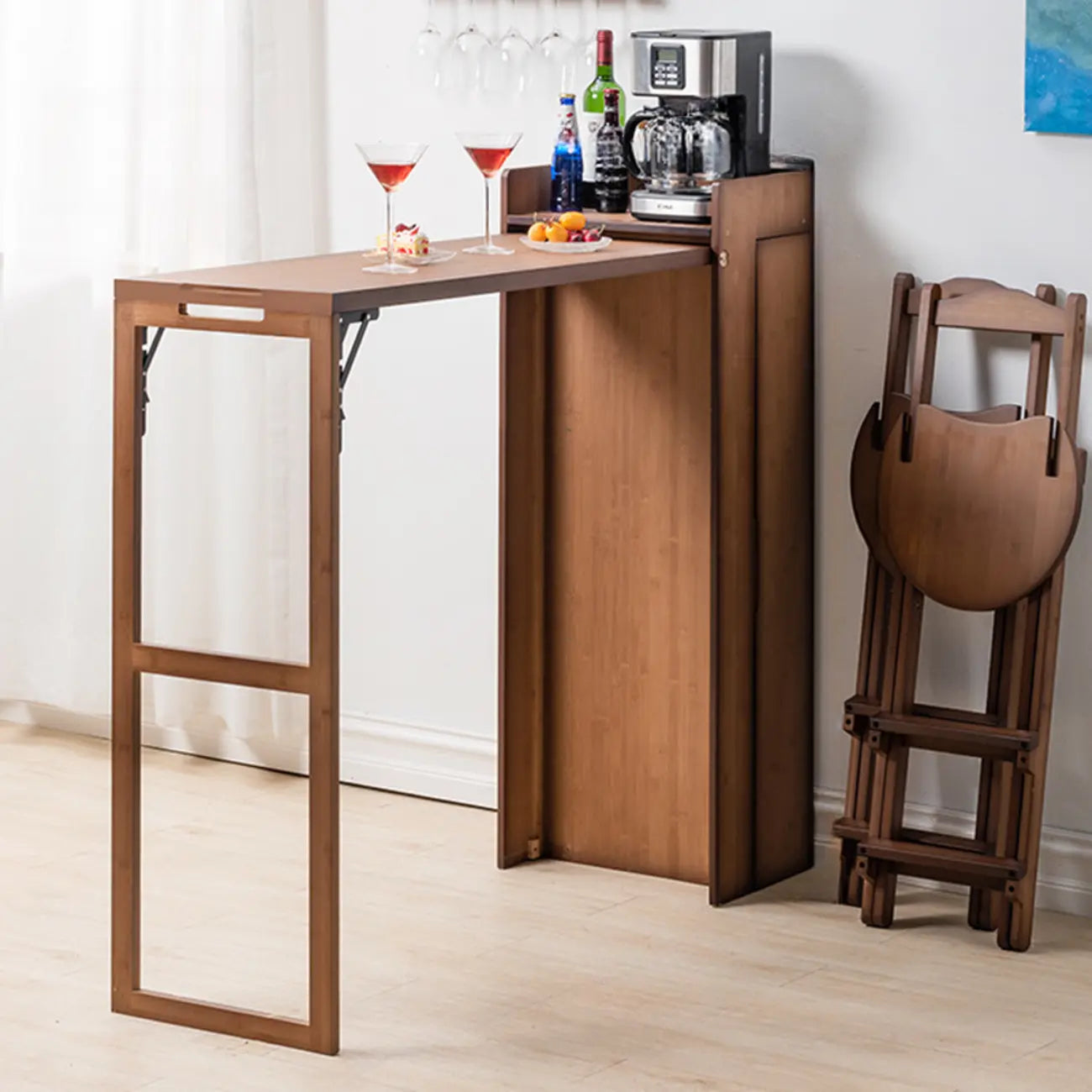 Manual Extension Brown Bamboo Storage Bar Tables