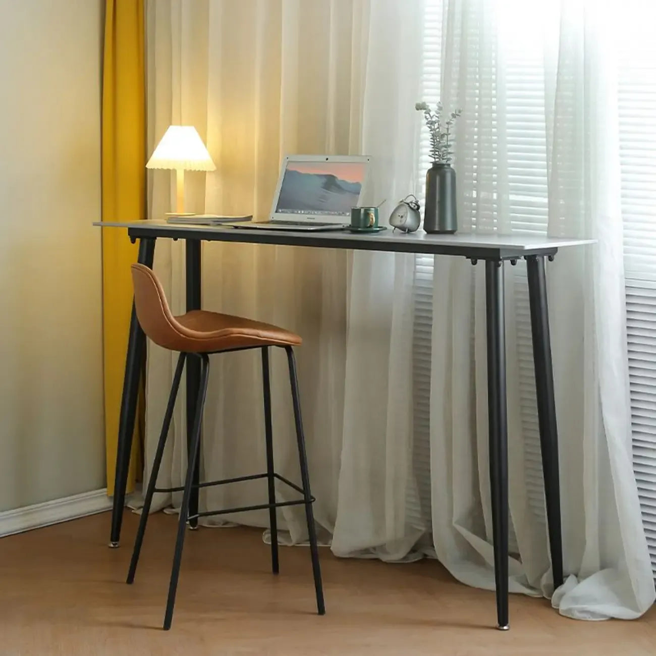 Modern Grey Travertine Top Metal Legs Bar Table for Dining Room