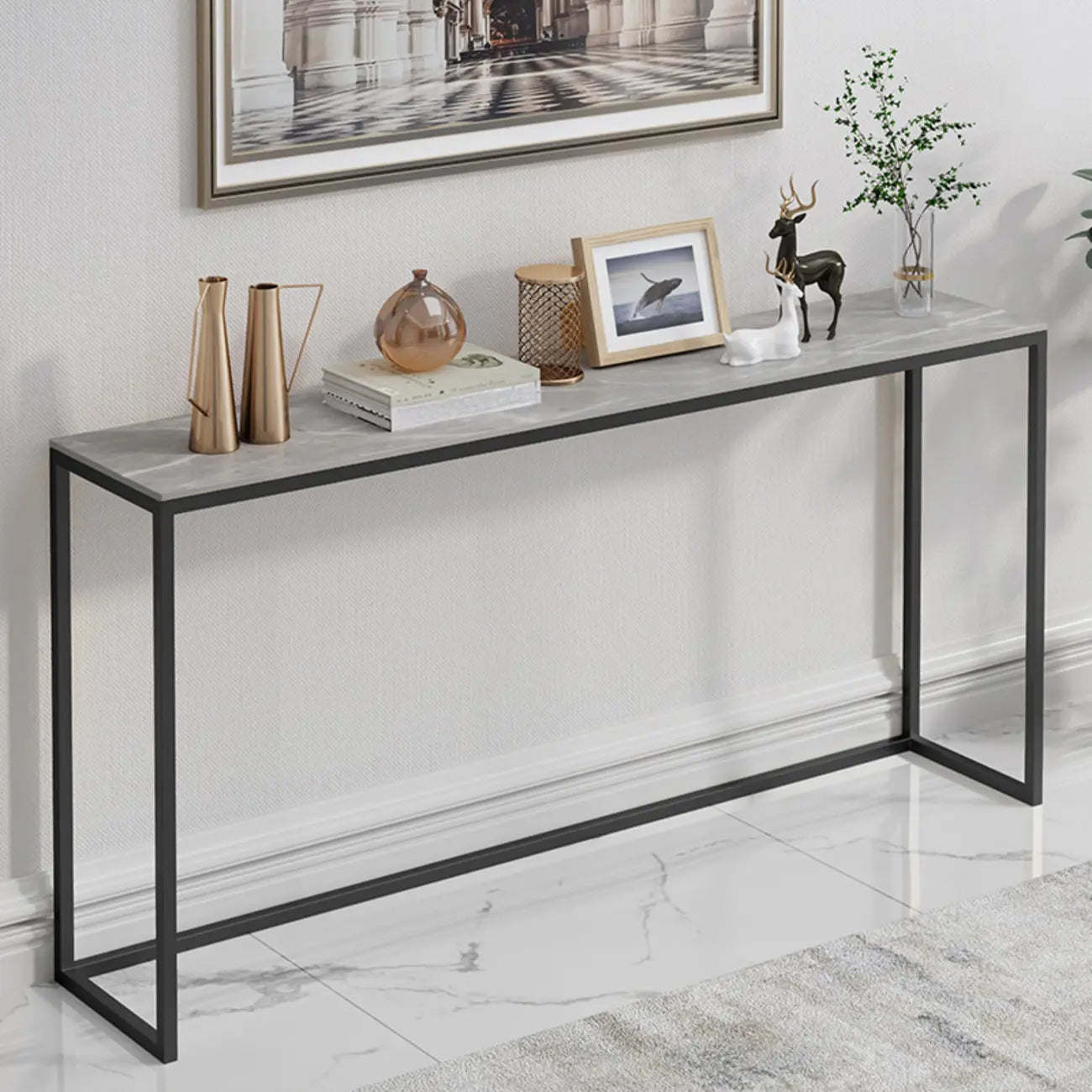 Minimalist Black Metal Bar Tables with Stone Top