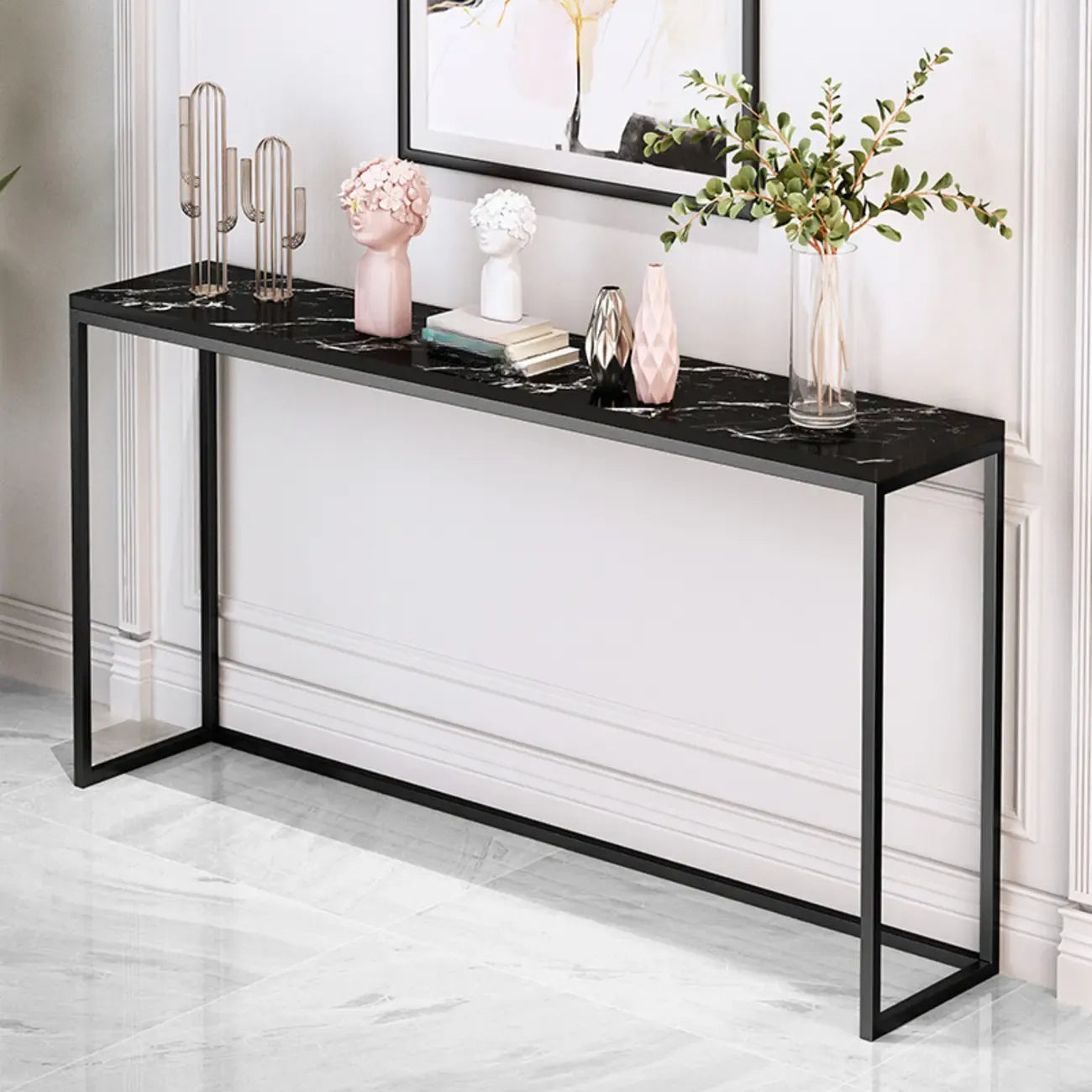 Minimalist Black Metal Bar Tables with Stone Top