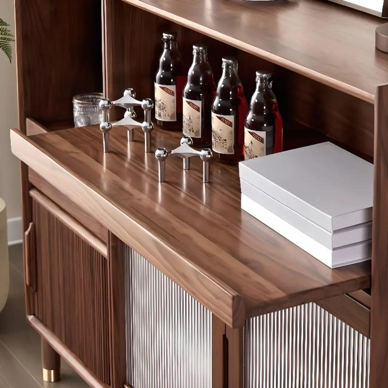 Modern Brown Wood Glass Door Adjustable Shelf Storage Cabinet