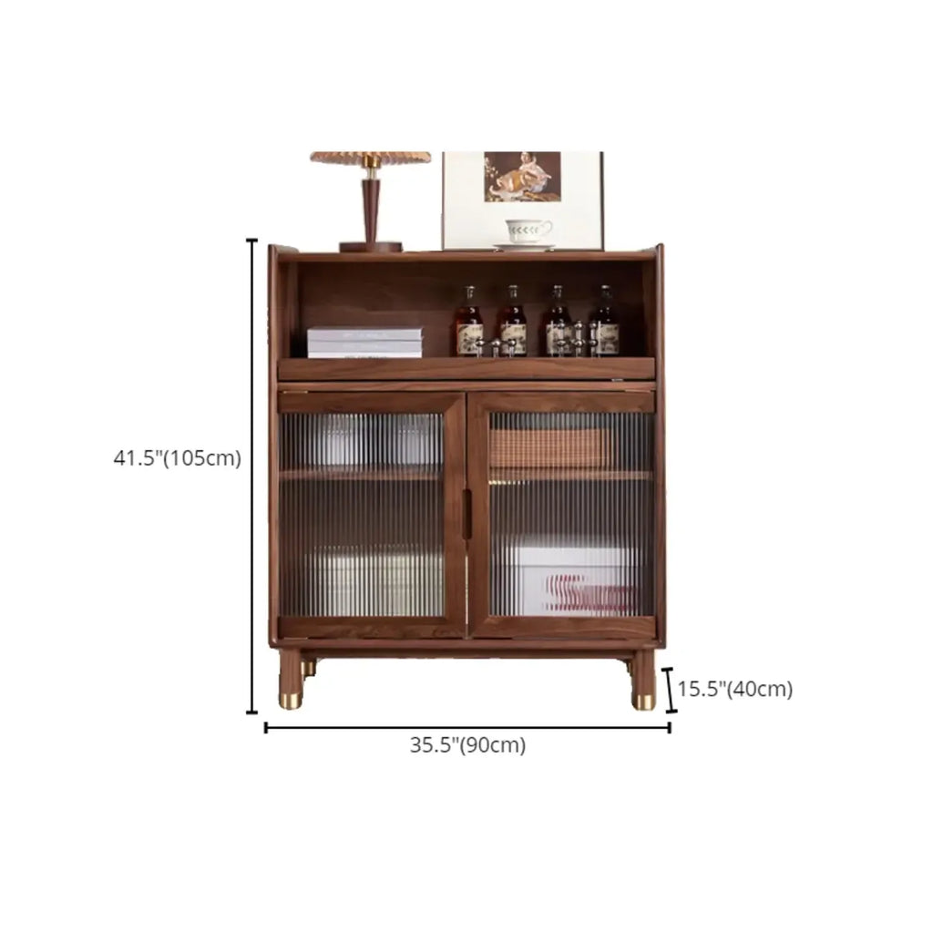 Modern Brown Wood Glass Door Adjustable Shelf Storage Cabinet