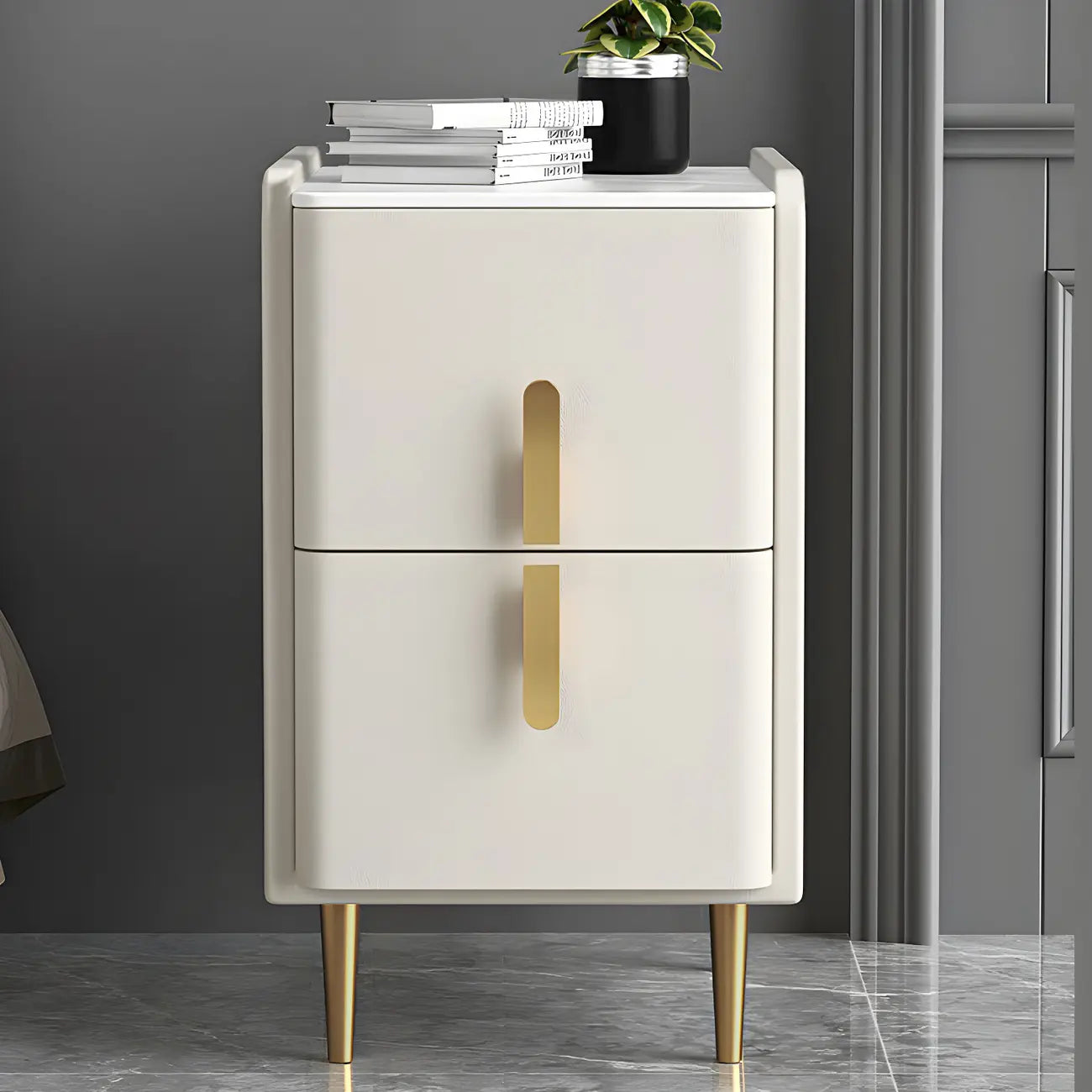 Glam Night Table with 2 Drawers – Off-White Finish