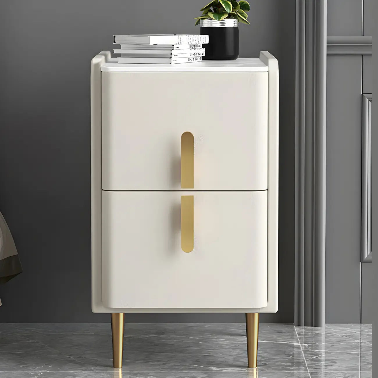 Glam Night Table with 2 Drawers – Off-White Finish