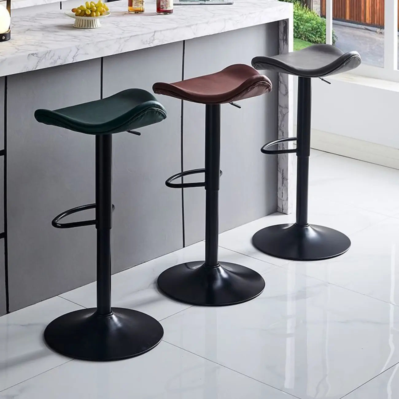 Modern Green Saddle Fax Leather Adjustable Swivel Bar Stools