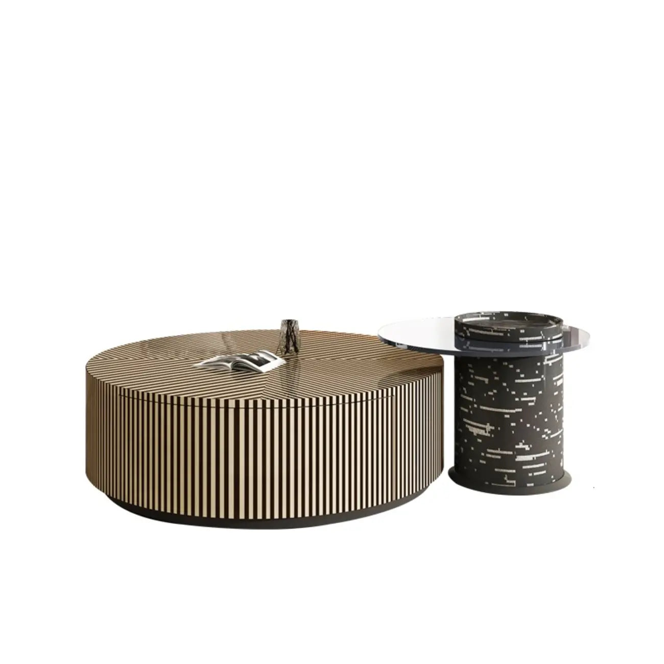 Black and White Stripe Wooden Round Coffee Drawer Table